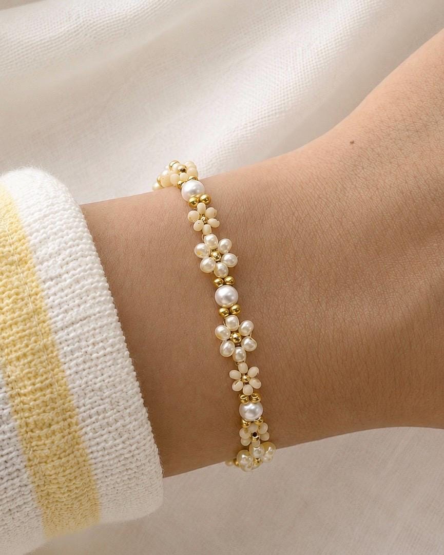 Blumen Armband Miyuki Perlen personalisiert | Vergoldet Edelstahl | Sommer Schmuck Geschenk für Frauen