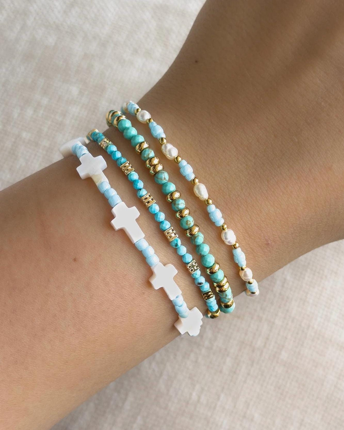 Türkis Perlenarmband Set | Süßwasserperlen & 18K vergoldete Perlen | Miyuki Armband | Sommer Schmuck | Boho Armband | Geschenk für sie
